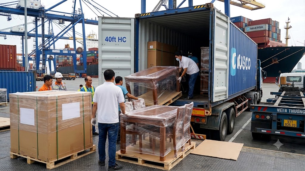 惠州家具厂 40HQ 整柜海运越南成功案例实拍，从惠州到越南的物流运输落地实景